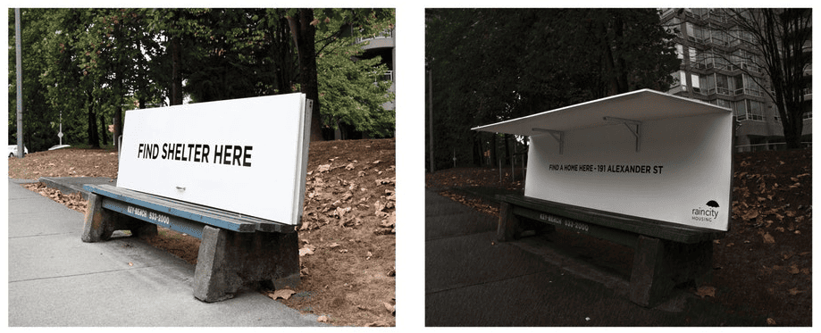 背もたれが上に折りたたまれ、一時的に雨風をしのぐシェルターになるベンチ