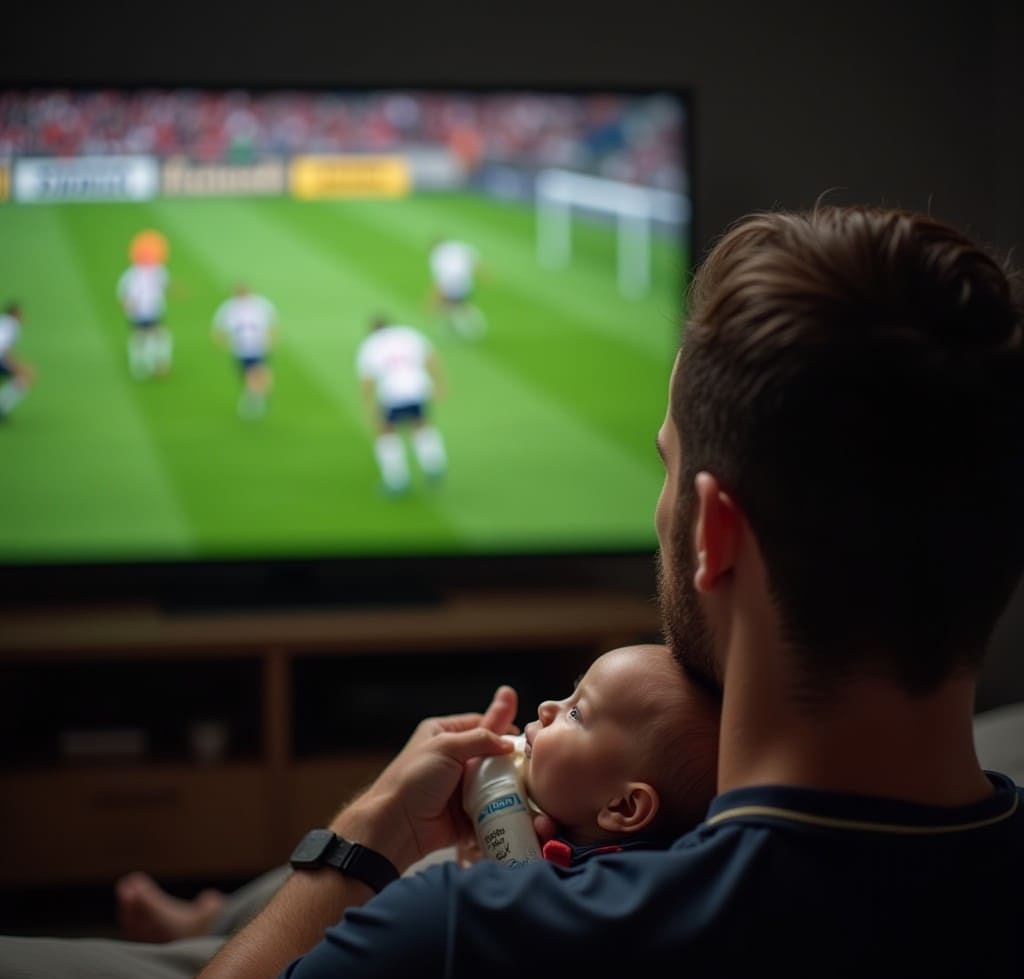 赤ちゃんを抱え哺乳瓶を持ちながらテレビでサッカー観戦する男性