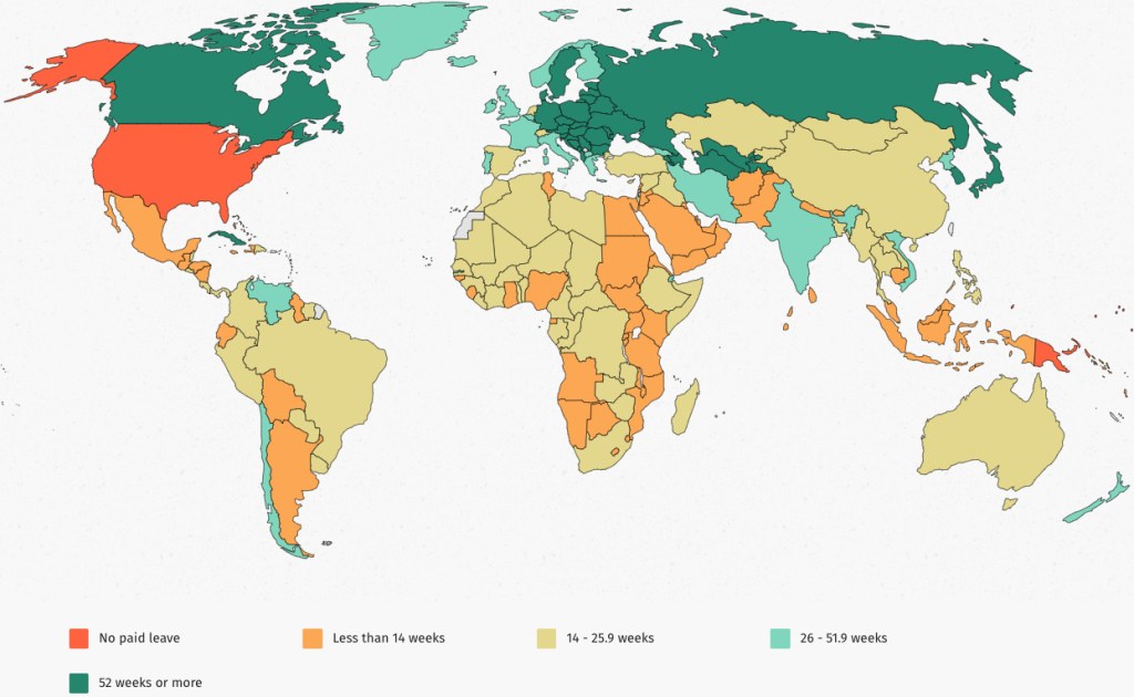 国ごとの有給産休制度の有無を示す世界地図