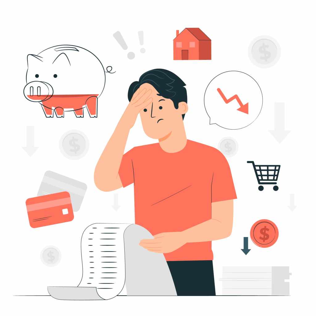 資金不足による経済的ストレスを抱える男性のイラスト