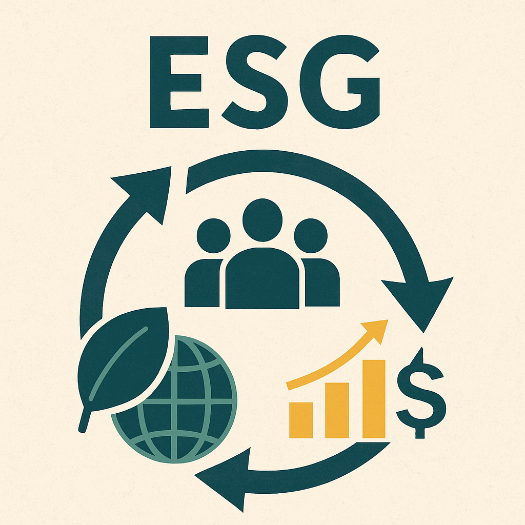 ESG要素の環境、社会、ガバナンスの繋がりを示すグラフィック