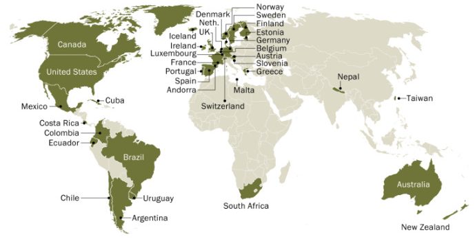 世界各国における同性婚の合法状況を示す地図