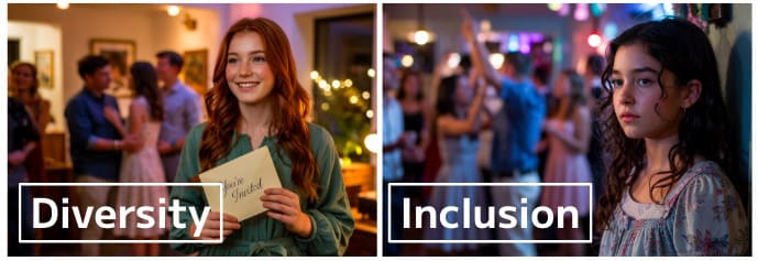 パーティーに誘われ楽しむ女と会話に参加できず寂しい女の対比