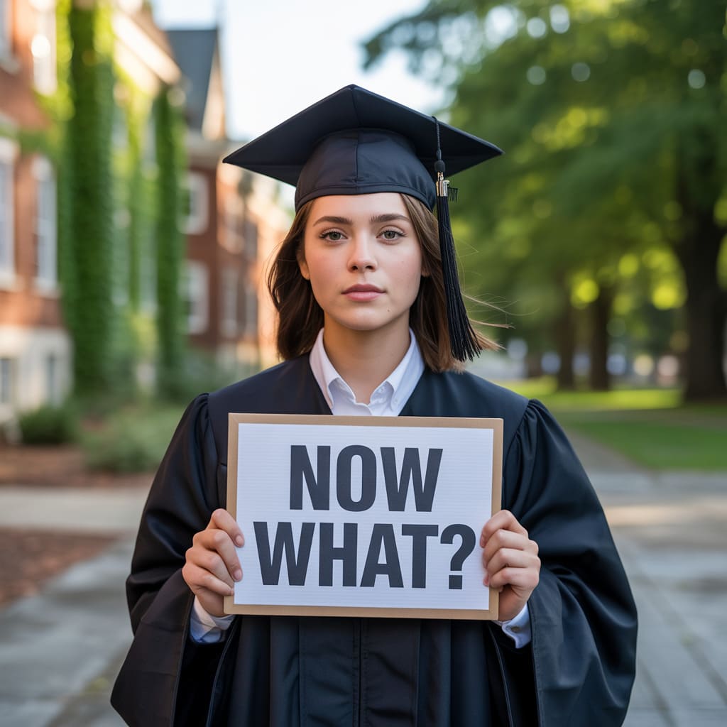 女子大学生が卒業ガウンを着て「Now What」を掲げている