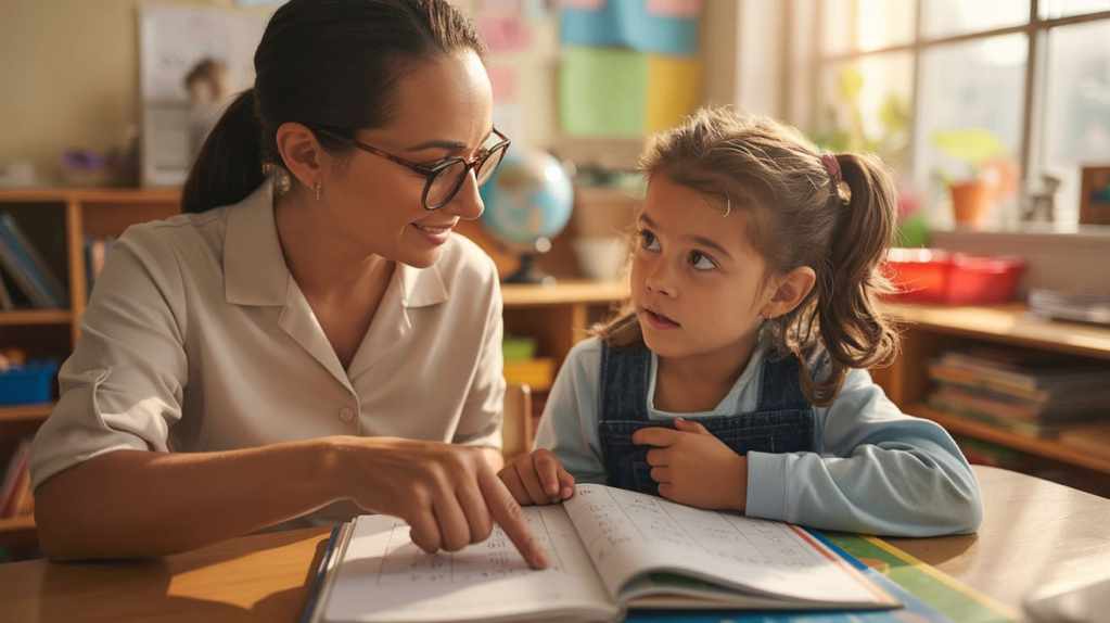 授業後、教室で女性教師からマンツーマンで教わる少女