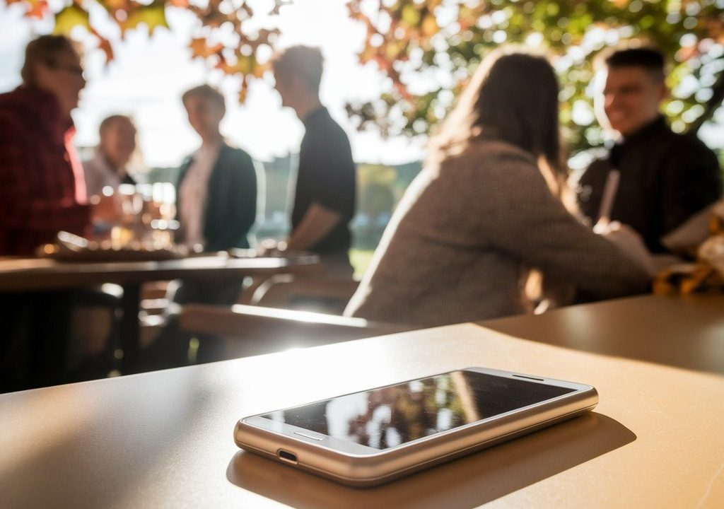 スマートフォンをテーブルに放置し、会話を楽しむグループ