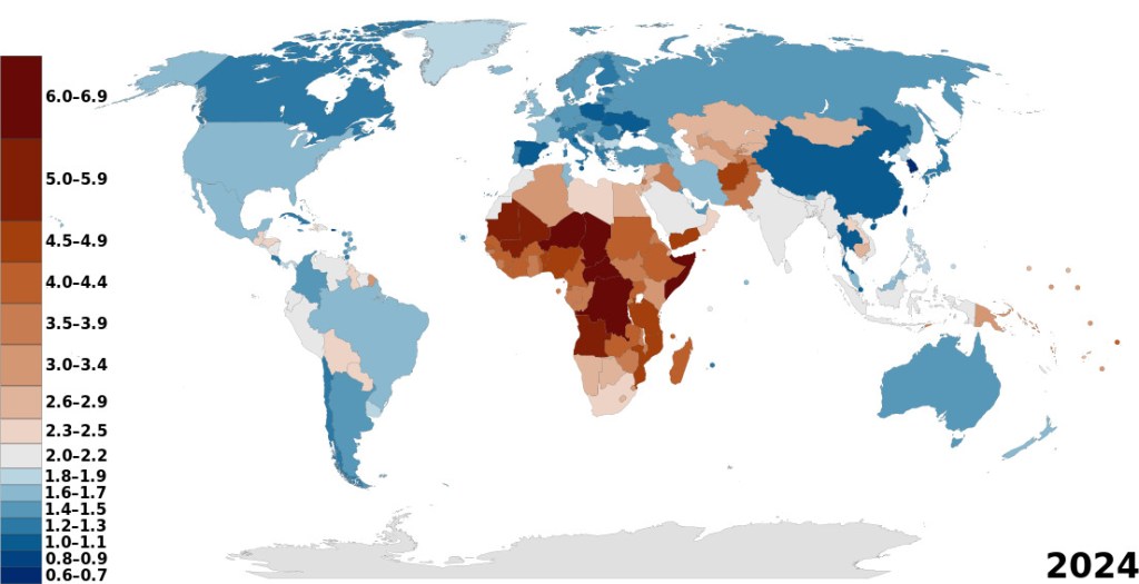国別の合計特殊出生率を示した世界地図