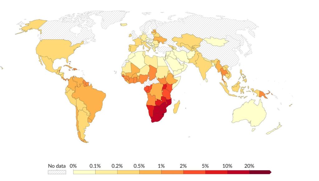世界各国のHIV感染者割合を示す地図