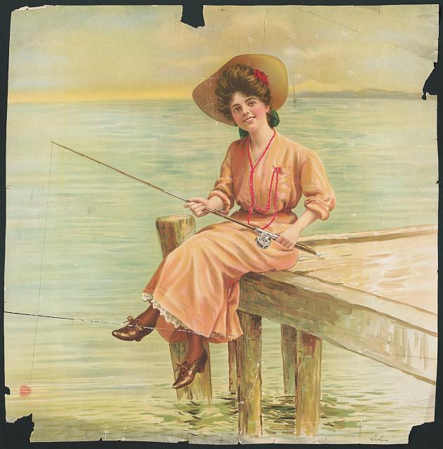 1905年制作の、桟橋で釣りをする白人女性を描いたグラフィックアート作品。