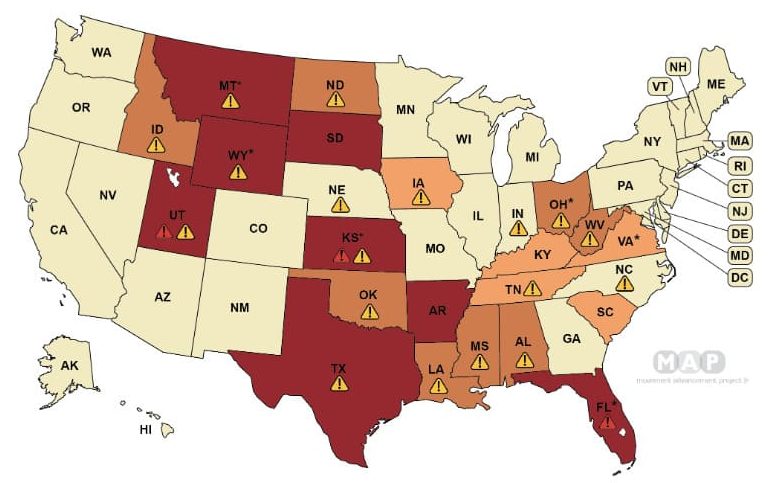 米国の生物学上の性別に基づいたトイレ使用を命じる法を州ごとに示した地図