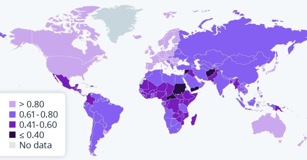 各国の女性の安全度（セーフティ・レーティング）を示した世界地図