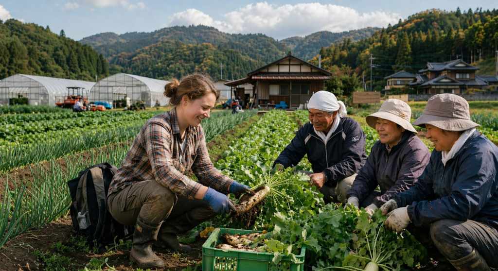 ワーキングホリデー中に日本の野菜農家で働く若い女性