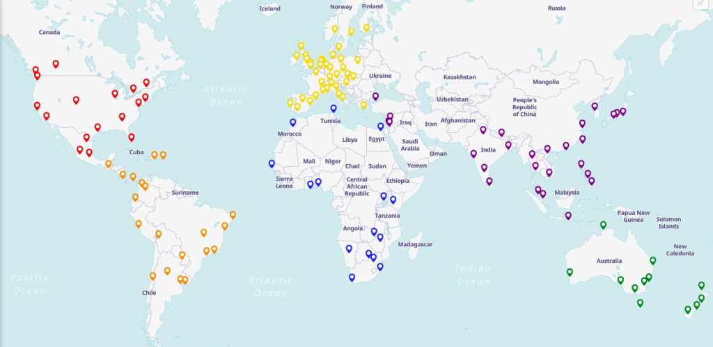 2026年の世界各地のプライドパレード開催地を示す地図