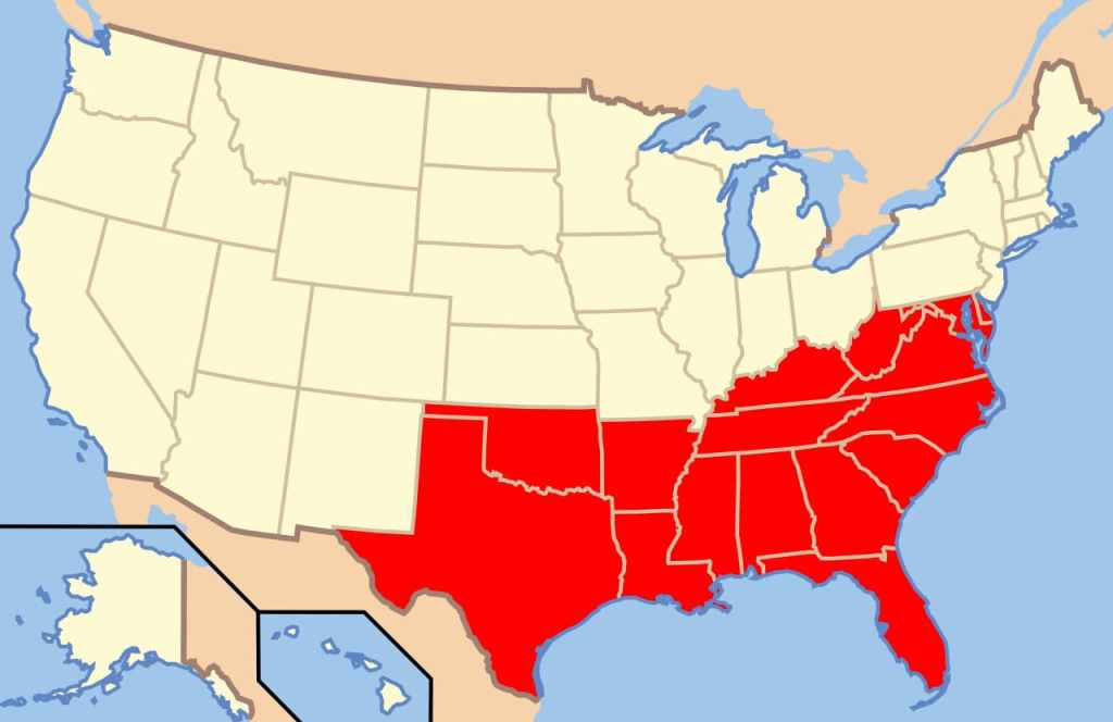 地理的な南部とは限らない、米国の南部を示す地図